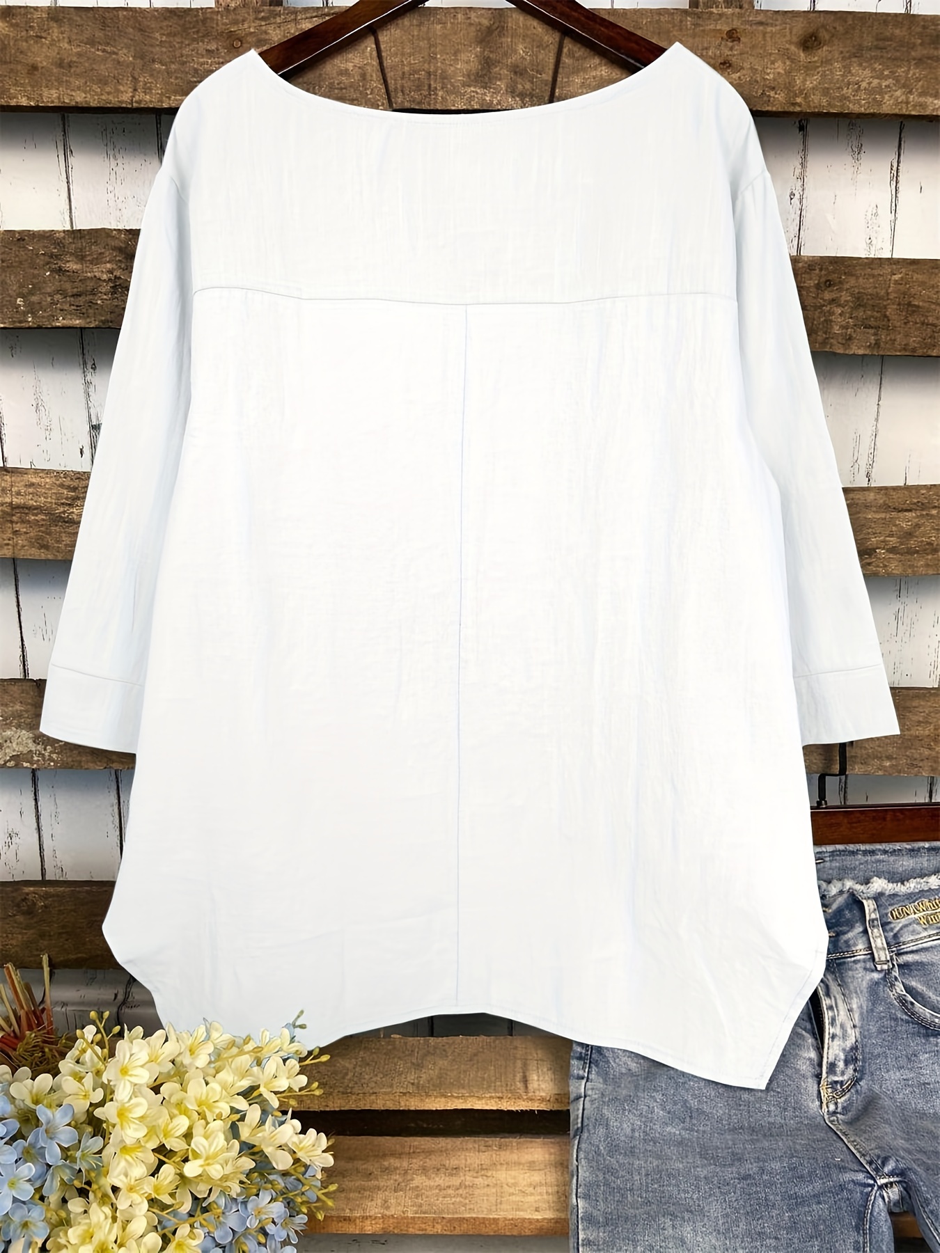 dipped hem solid blouse asymmetrical crew neck loose casual blouse womens clothing details 6