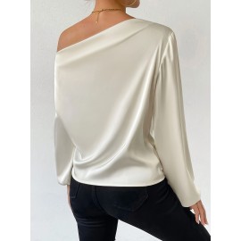 Solid One-shoulder Skew Neck Blouse, Elegant Long Sleeve Blouse For Spring & Fall, Women's Clothing