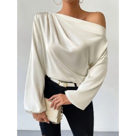 Solid One-shoulder Skew Neck Blouse, Elegant Long Sleeve Blouse For Spring & Fall, Women's Clothing