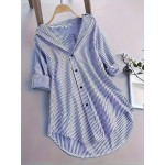 Stripe Print Polo Collar Button Shirt, Casual Long Sleeve Shirt For Spring & Fall, Women's Clothing