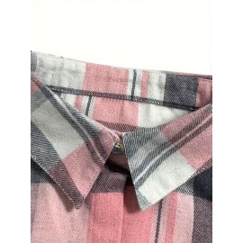 Plaid Print Polo Collar Button Shirt, Casual Pocket Long Sleeve Shirt For Spring & Fall, Women's Clothing