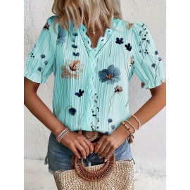 Floral Print V Neck Lace Trim Blouse, Boho Puff Sleeve Blouse For Summer, Women's Clothing