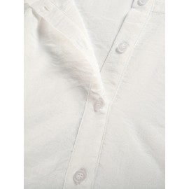 Lantern Sleeve Shirred Blouse, Casual Button Front Solid Blouse, Women's Clothing