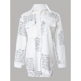 Letter Print Shirt, Casual Button Front Long Sleeve Shirt, Women's Clothing