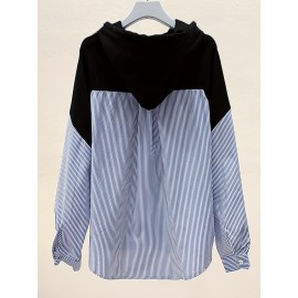 Patchwork Striped Print Button Hoodie, Casual Cuff Sleeve Drawstring Hoodies Sweatshirt, Women's Clothing