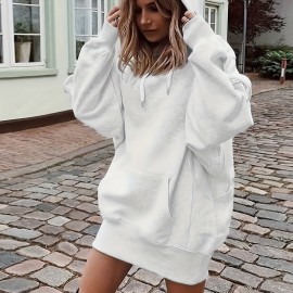 Solid Color Kangaroo Pocket Hoodie, Casual Long Sleeve Thigh Length Drawstring Hoodie Sweatshirt, Women's Clothing