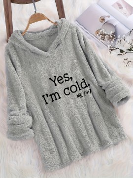 I'm Cold Letter Print Fuzzy Hoodie, Casual Long Sleeve Oversized Sweatshirt, Women's Clothing