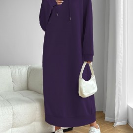 Solid Drawstring Hooded Dress, Casual Long Sleeve Loose Dress, Women's Clothing