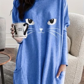 Cat Print Crew Neck Baggy Dress, Casual Long Sleeve Pocket Dress For Spring & Fall, Women's Clothing