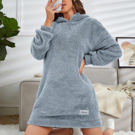 Hooded Teddy Dress, Casual Long Sleeve Simple Warm Dress, Women's Clothing