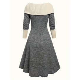 Color Block Tie Front Dress, Casual Boat Neck Long Sleeve Dress, Women's Clothing