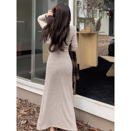 Ribbed V Neck Dress, Casual Long Sleeve Dress For Fall & Winter, Women's Clothing