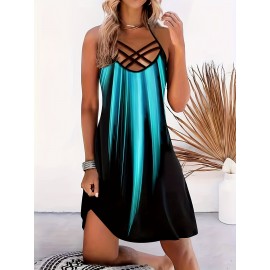 Color Block Criss Cross Dress, Casual Sleeveless Spaghetti Strap Dress, Women's Clothing