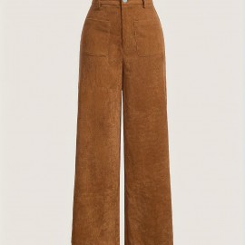 Solid Corduroy Straight Leg Pants, Vintage Patched Pocket Loose Pants, Women's Clothing