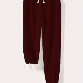 Solid Drawstring Thermal Sweatpants, Versatile Loose Comfy Jogger Pants, Women's Clothing
