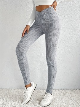 Solid Rib Knit Skinny Pants, Casual Crisscross Waist Daily Pants, Women's Clothing
