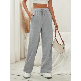 Solid Drawstring Wide Leg Pants, Casual Dual Pockets Pants, Women's Clothing