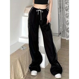 Contrast Binding Drawstring Waist Pants, Y2K Slant Pocket Baggy Pants, Women's Clothing