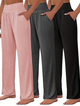 Solid High Waist Pants 3 Pack, Casual Comfy Straight Leg Pants, Women's Clothing