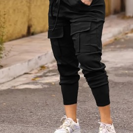 Solid Flap Pocket Jogger Cargo Pants, Casual Drawstring Pants For Spring & Fall, Women's Clothing